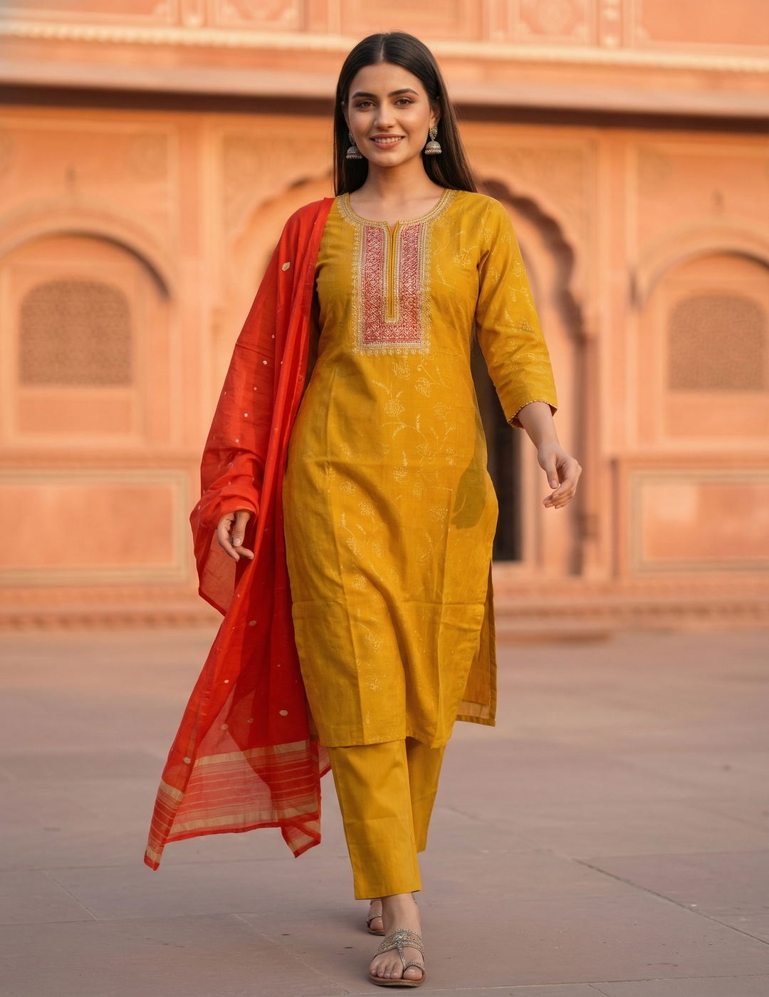 Solid Embroidered Straight Kurta with Pant & Contrast Dupatta - Mustard