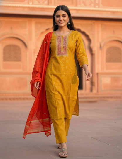 Solid Embroidered Straight Kurta with Pant & Contrast Dupatta - Mustard