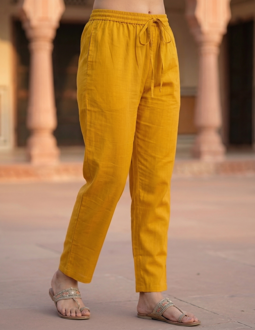 Solid Embroidered Straight Kurta with Pant & Contrast Dupatta - Mustard