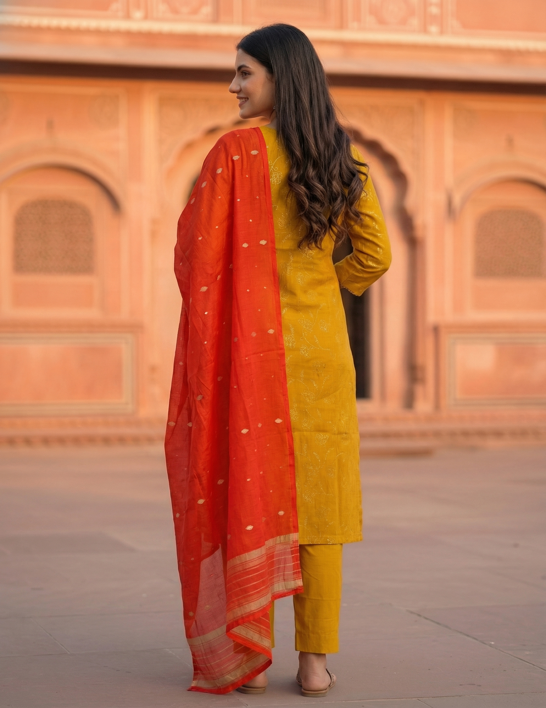 Solid Embroidered Straight Kurta with Pant & Contrast Dupatta - Mustard
