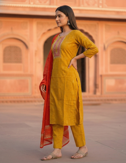 Solid Embroidered Straight Kurta with Pant & Contrast Dupatta - Mustard