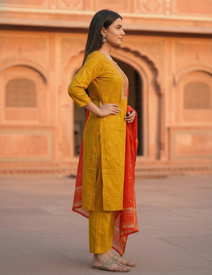 Solid Embroidered Straight Kurta with Pant & Contrast Dupatta - Mustard