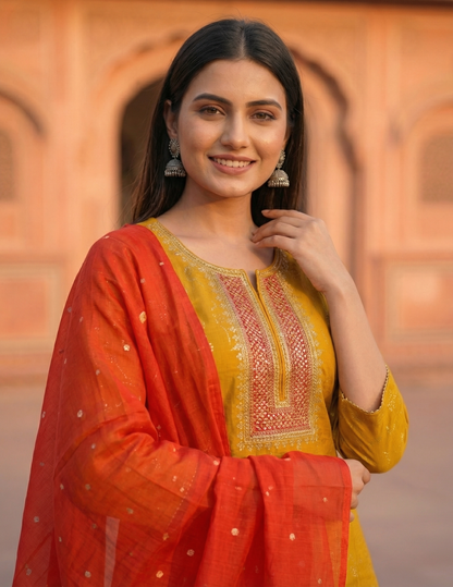 Solid Embroidered Straight Kurta with Pant & Contrast Dupatta - Mustard