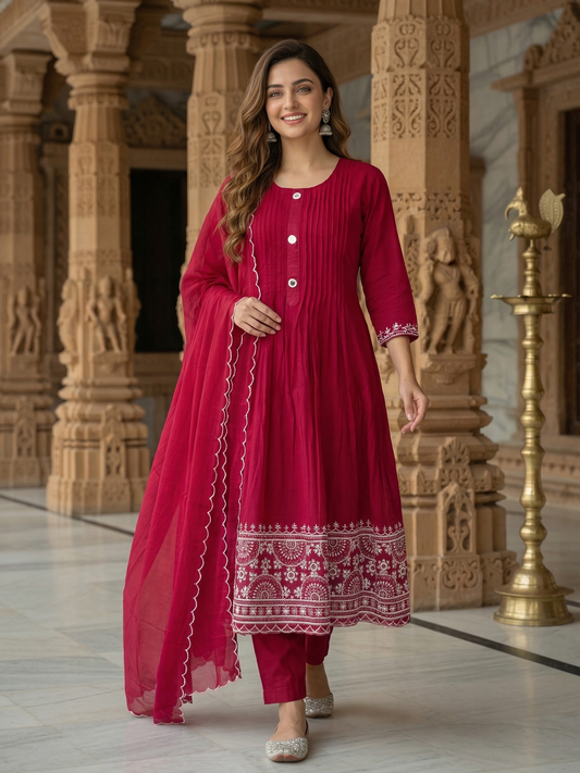 Solid Ethnic Embroidered A-Line Pleated Kurta with Pant & Dupatta - Burgundy