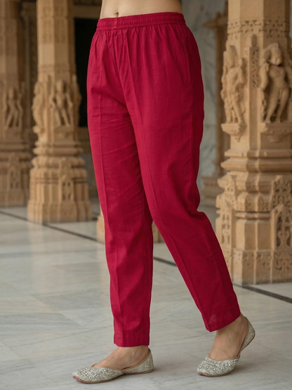 Solid Ethnic Embroidered A-Line Pleated Kurta with Pant & Dupatta - Burgundy