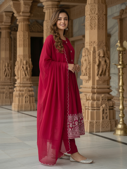 Solid Ethnic Embroidered A-Line Pleated Kurta with Pant & Dupatta - Burgundy