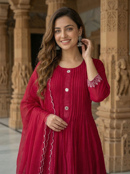 Solid Ethnic Embroidered A-Line Pleated Kurta with Pant & Dupatta - Burgundy