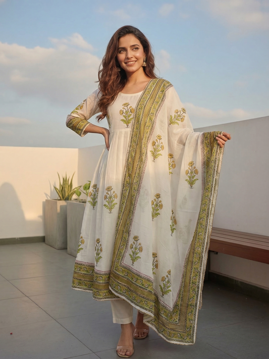 Floral Block Printed Anarkali Kurta with Pant & Dupatta - Cream