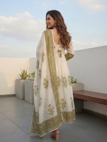 Floral Block Printed Anarkali Kurta with Pant & Dupatta - Cream