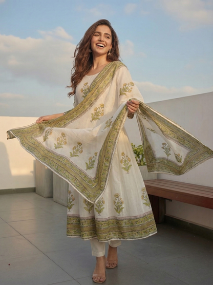 Floral Block Printed Anarkali Kurta with Pant & Dupatta - Cream