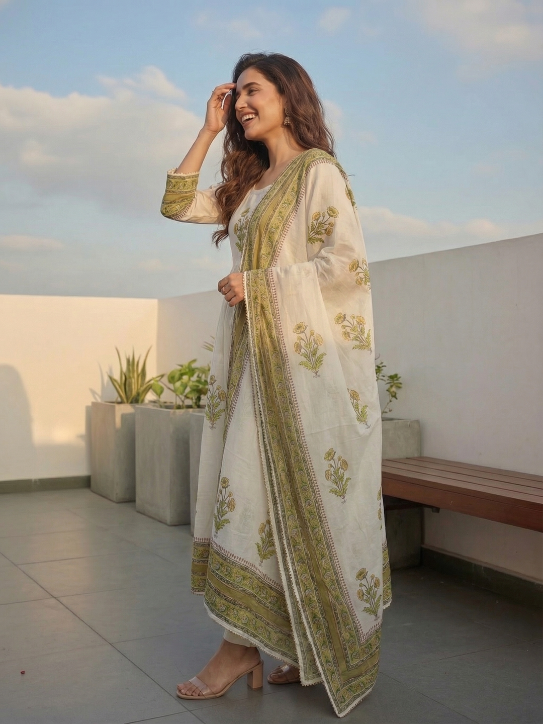 Floral Block Printed Anarkali Kurta with Pant & Dupatta - Cream