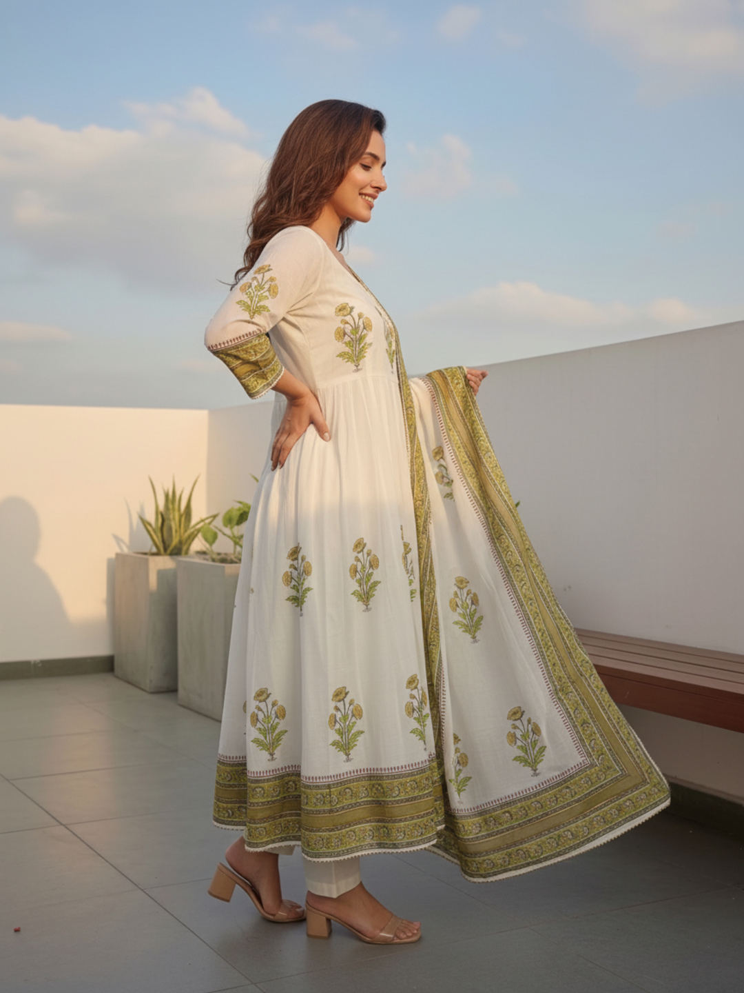 Floral Block Printed Anarkali Kurta with Pant & Dupatta - Cream
