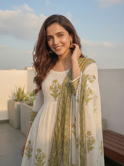 Floral Block Printed Anarkali Kurta with Pant & Dupatta - Cream