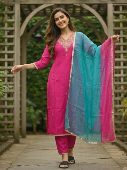 Solid Ethnic Zari Embroidered Straight Kurta with Palazzo & Dupatta - Rani