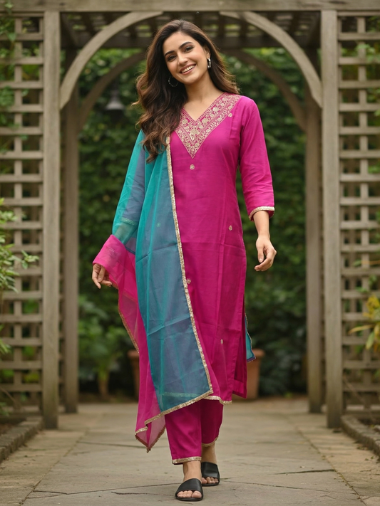 Solid Ethnic Zari Embroidered Straight Kurta with Palazzo & Dupatta - Rani