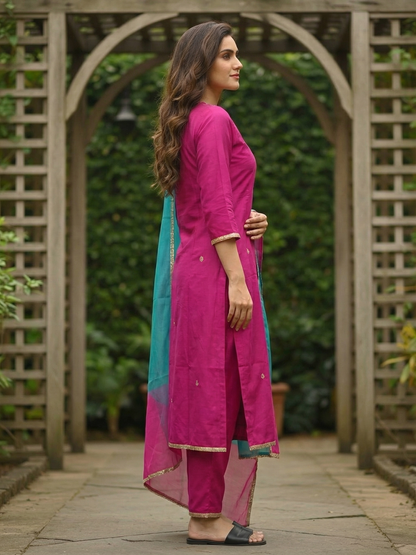 Solid Ethnic Zari Embroidered Straight Kurta with Palazzo & Dupatta - Rani