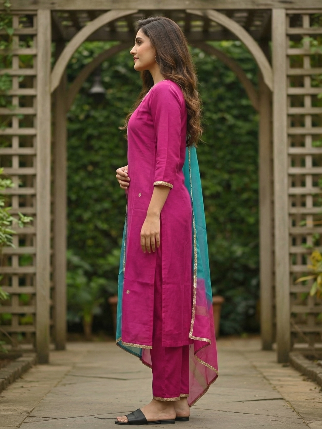 Solid Ethnic Zari Embroidered Straight Kurta with Palazzo & Dupatta - Rani