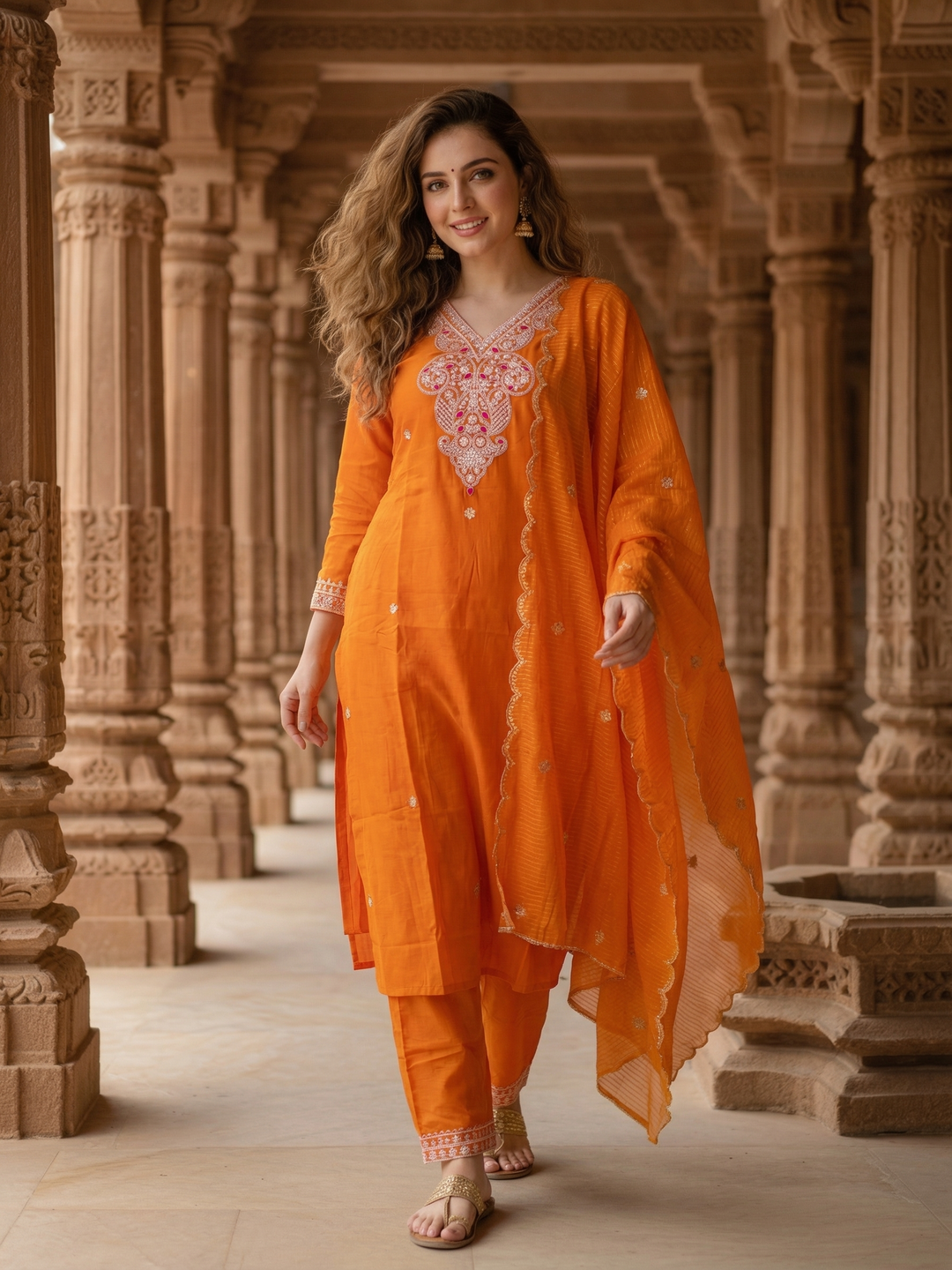 Solid Sequin Embroidered Straight Kurta with Pant & Dupatta - Orange