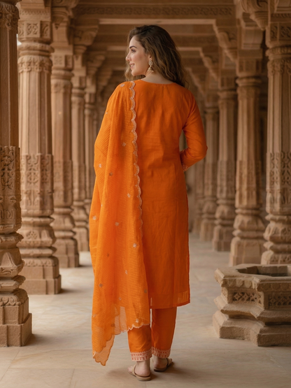 Solid Sequin Embroidered Straight Kurta with Pant & Dupatta - Orange