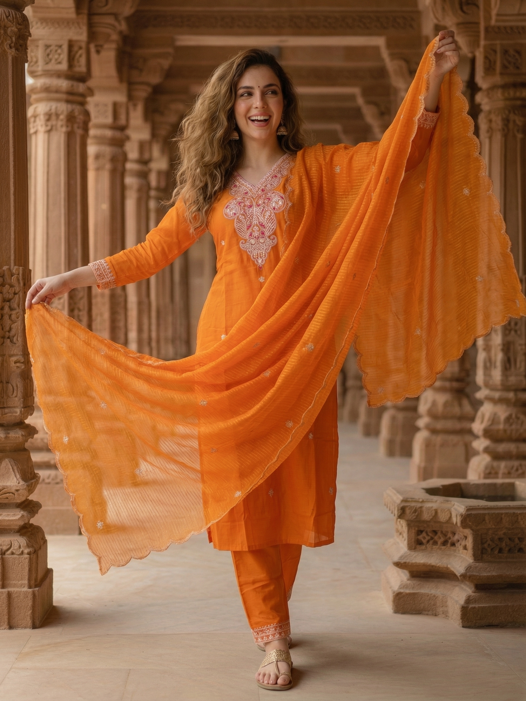 Solid Sequin Embroidered Straight Kurta with Pant & Dupatta - Orange