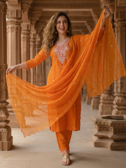 Solid Sequin Embroidered Straight Kurta with Pant & Dupatta - Orange