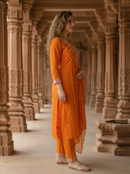 Solid Sequin Embroidered Straight Kurta with Pant & Dupatta - Orange