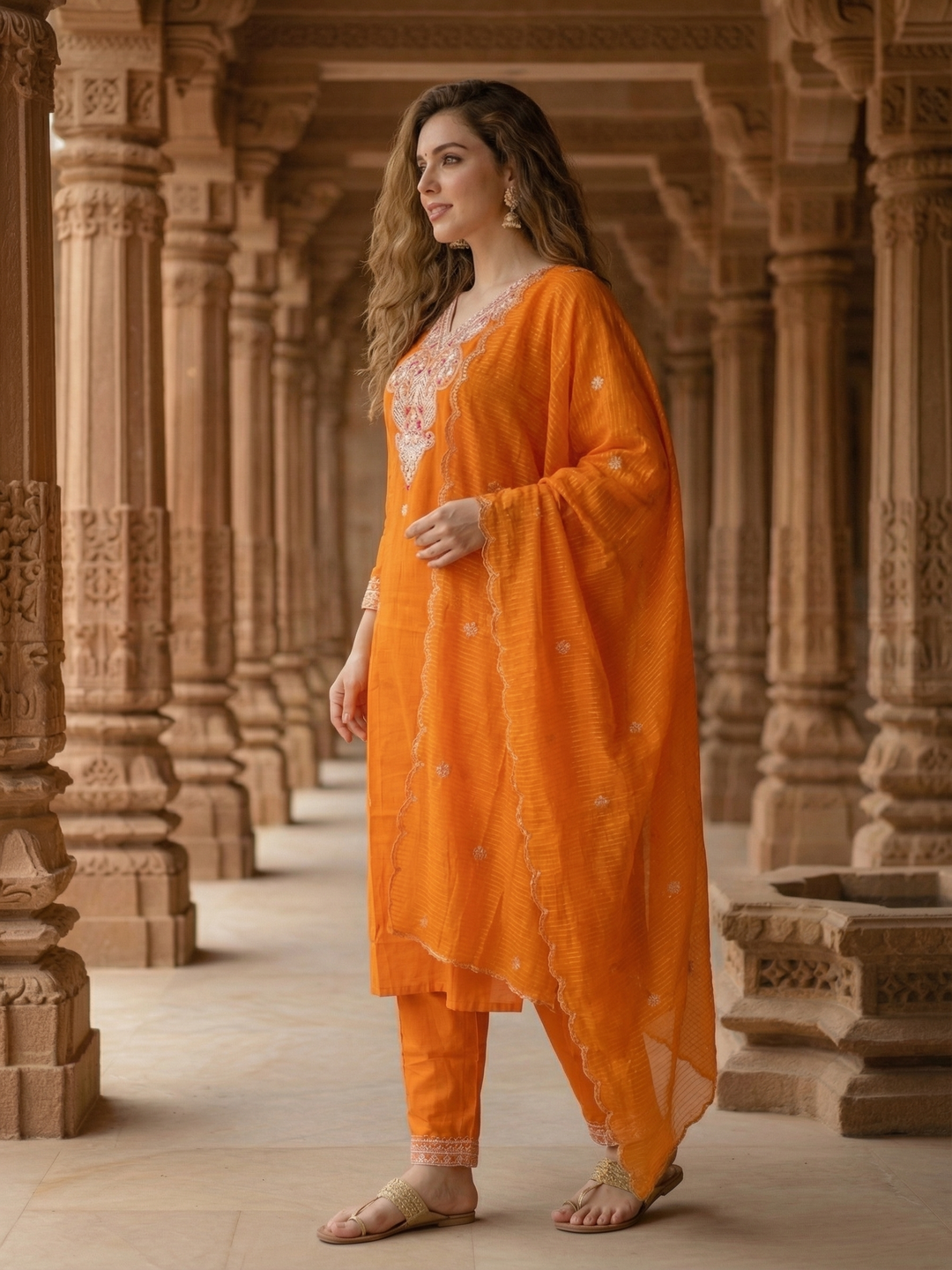 Solid Sequin Embroidered Straight Kurta with Pant & Dupatta - Orange