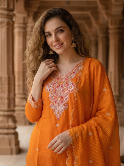 Solid Sequin Embroidered Straight Kurta with Pant & Dupatta - Orange