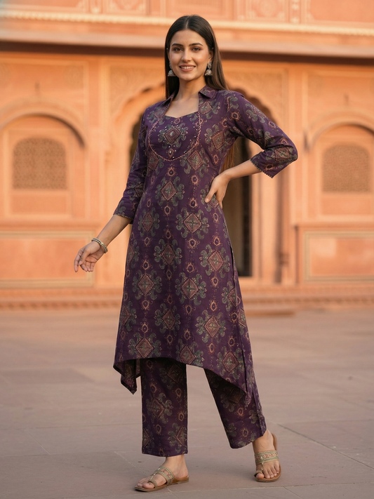 Ethnic Ikat Printed & Embroidered A-Line Kurta with Palazzo - Purple