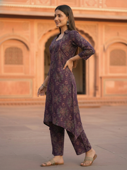 Ethnic Ikat Printed & Embroidered A-Line Kurta with Palazzo - Purple