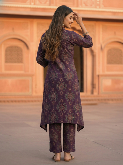 Ethnic Ikat Printed & Embroidered A-Line Kurta with Palazzo - Purple