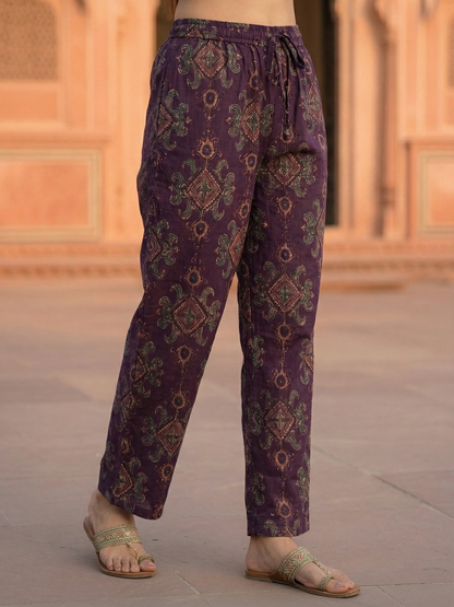 Ethnic Ikat Printed & Embroidered A-Line Kurta with Palazzo - Purple