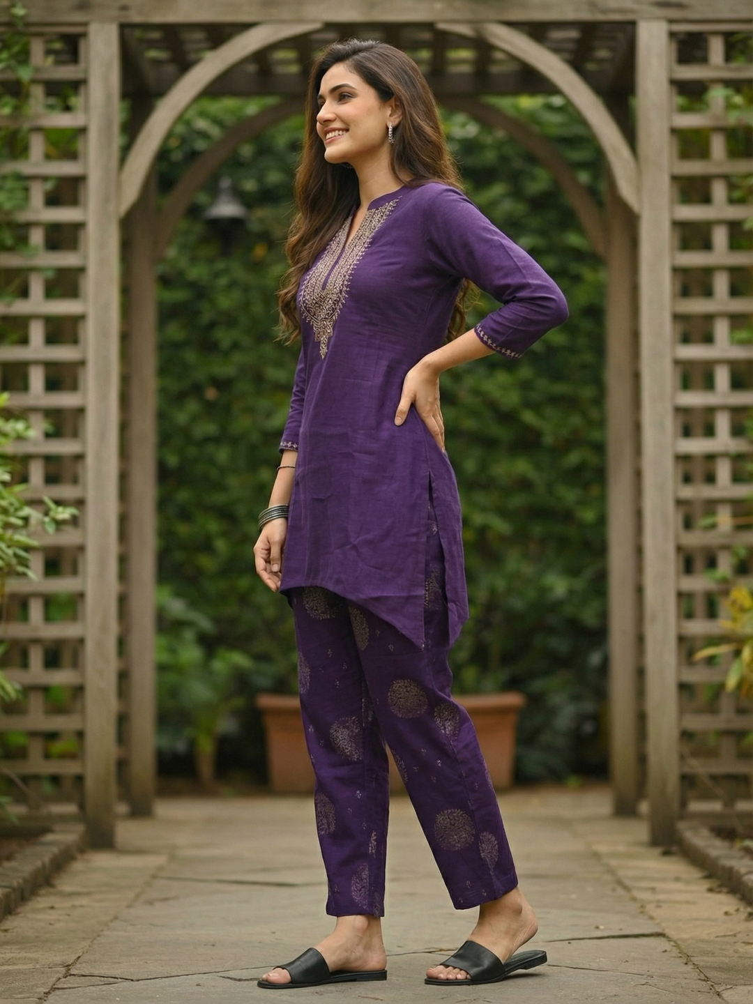 Ethnic Foil Printed Embroidered A-Line Co-ord Set - Purple