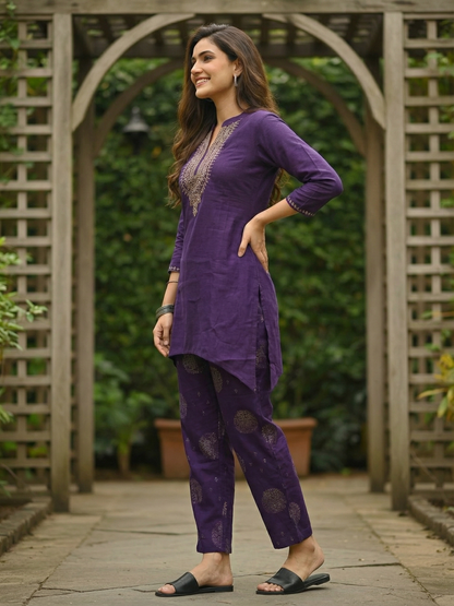Ethnic Foil Printed Embroidered A-Line Co-ord Set - Purple