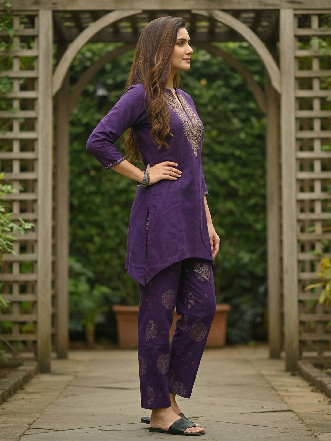 Ethnic Foil Printed Embroidered A-Line Co-ord Set - Purple