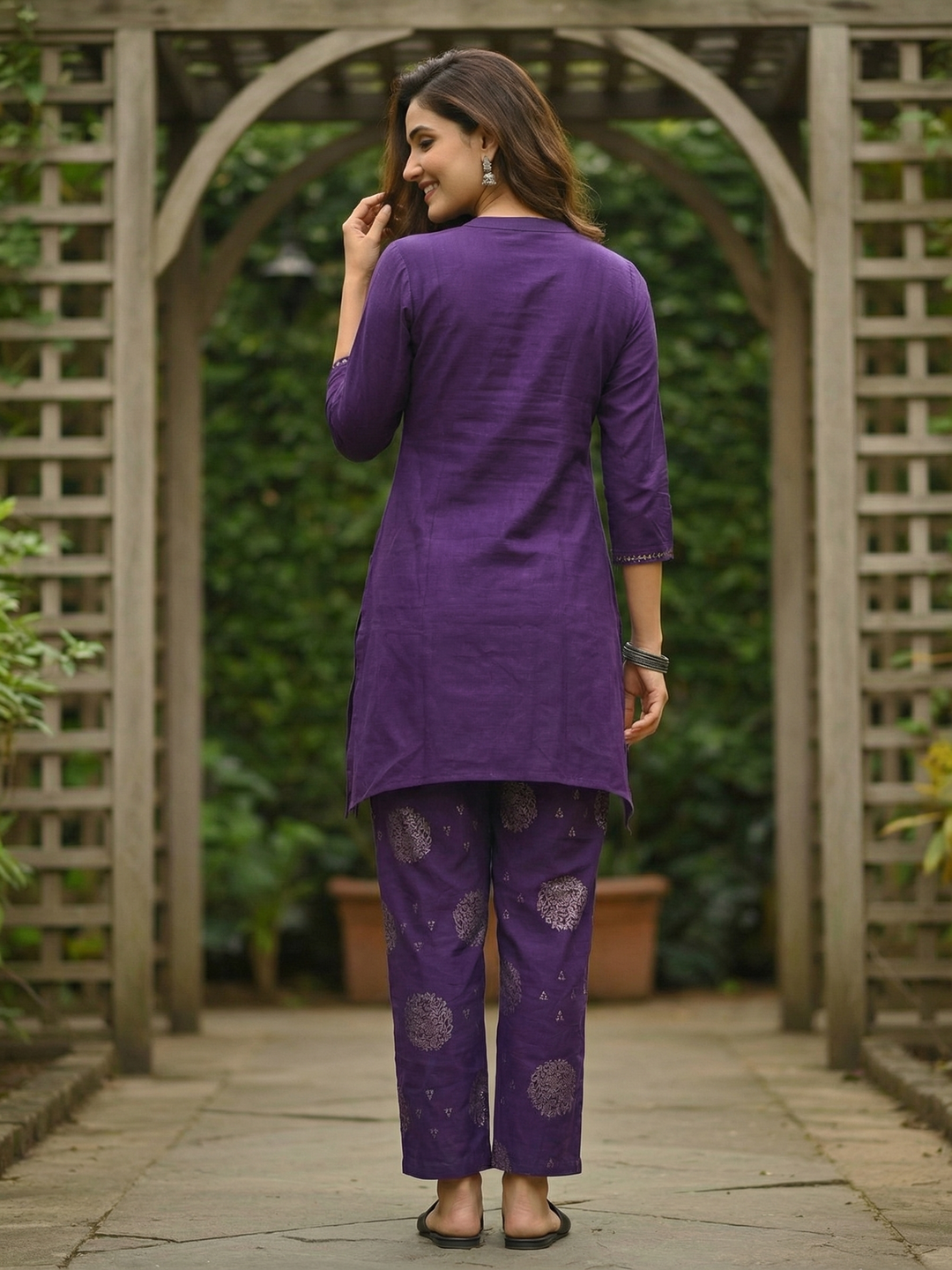 Ethnic Foil Printed Embroidered A-Line Co-ord Set - Purple