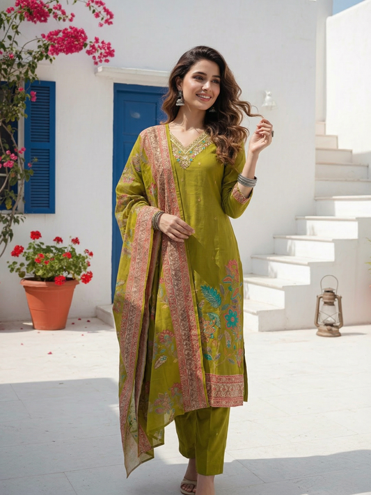 Floral Foil Printed & Embroidered Straight Kurta with Pant & Dupatta - Lime Green