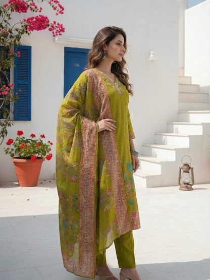Floral Foil Printed & Embroidered Straight Kurta with Pant & Dupatta - Lime Green