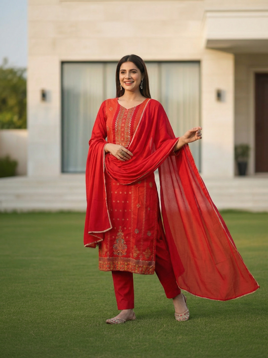 Ethnic Printed & Embroidered Straight Kurta with Pant & Dupatta - Rust