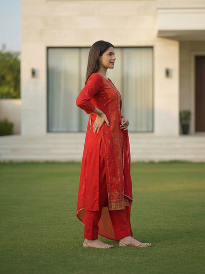 Ethnic Printed & Embroidered Straight Kurta with Pant & Dupatta - Rust