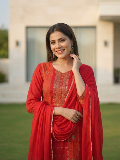 Ethnic Printed & Embroidered Straight Kurta with Pant & Dupatta - Rust