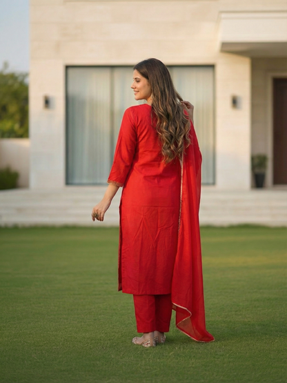 Ethnic Printed & Embroidered Straight Kurta with Pant & Dupatta - Rust