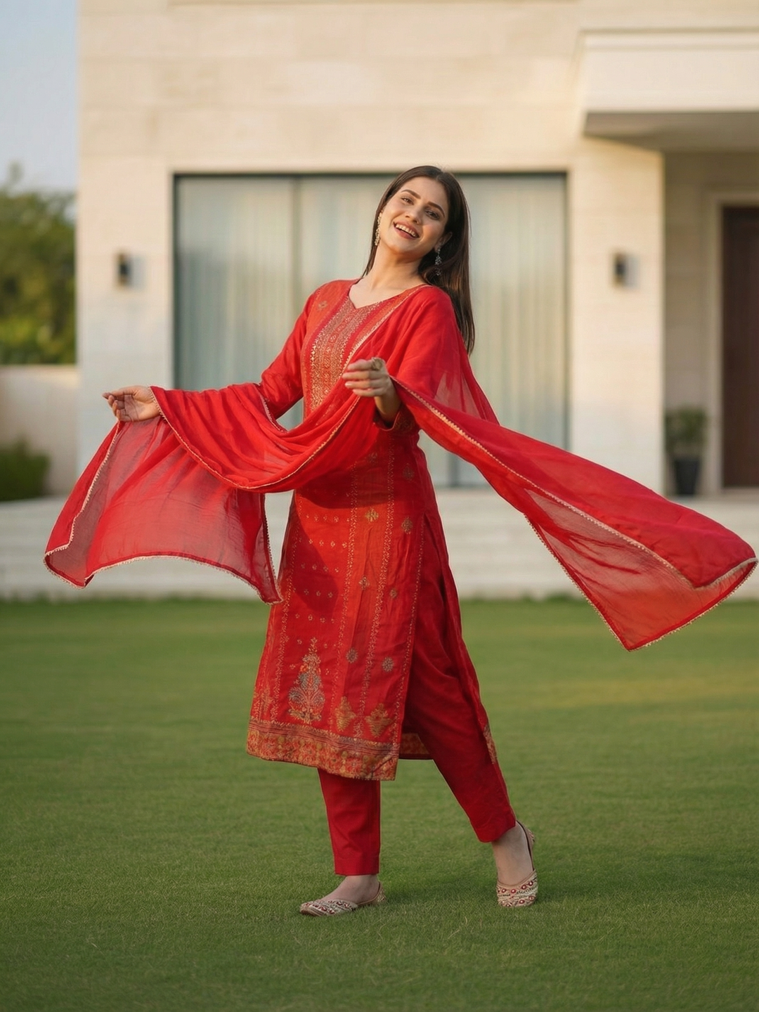 Ethnic Printed & Embroidered Straight Kurta with Pant & Dupatta - Rust