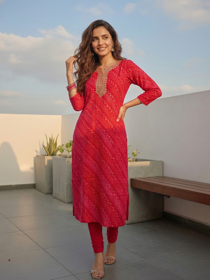Embroidered Straight Kurta -Red