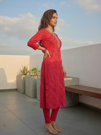 Embroidered Straight Kurta -Red