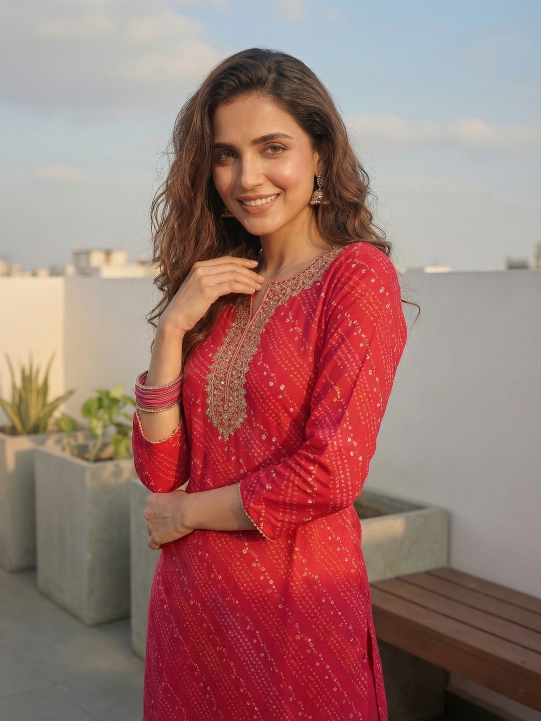 Embroidered Straight Kurta -Red