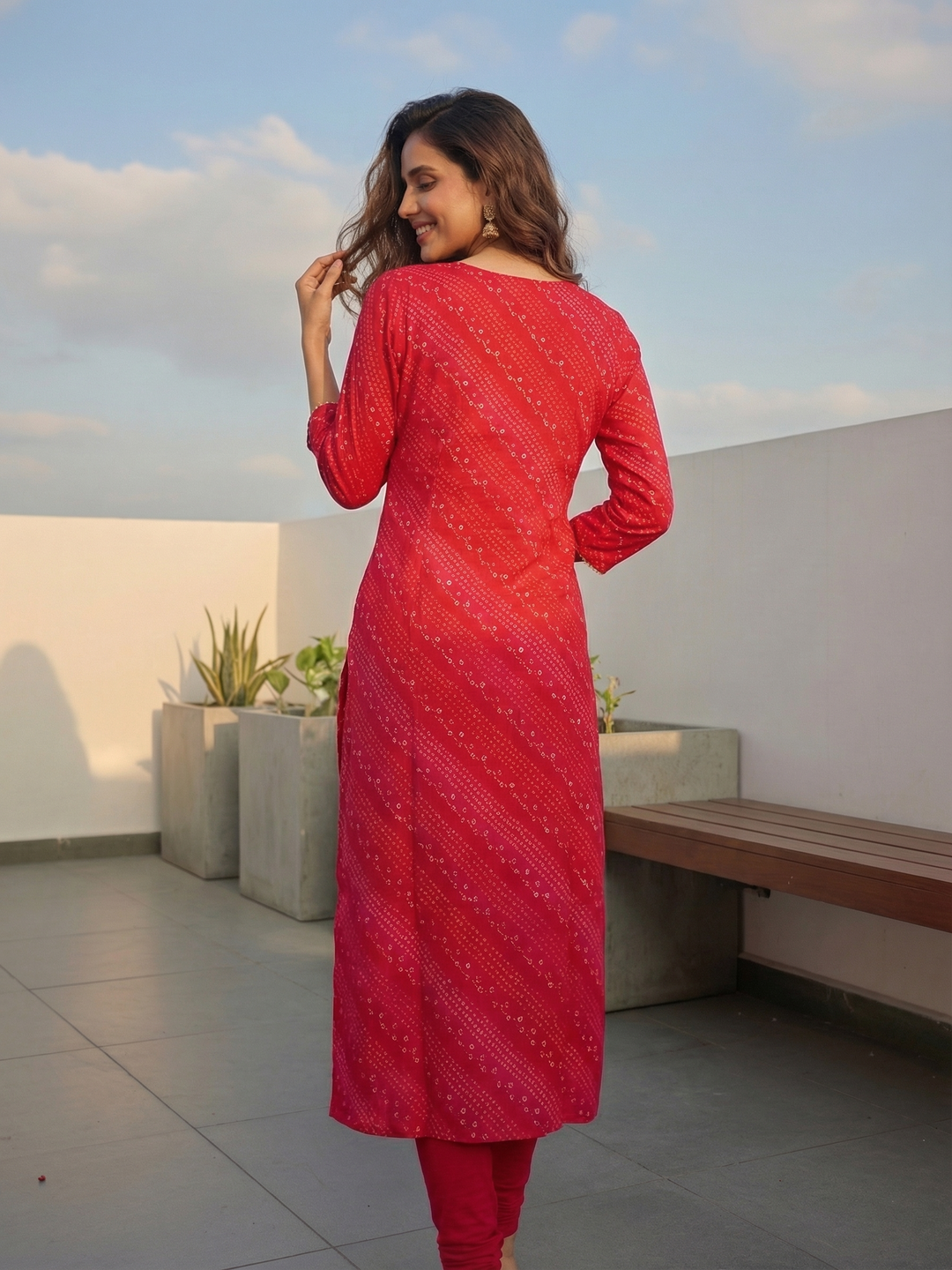 Embroidered Straight Kurta -Red
