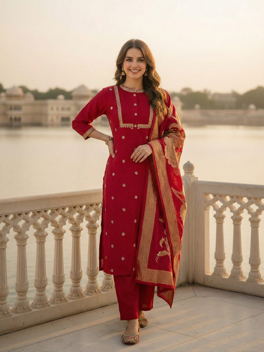 Solid Ethnic Embroidered Straight Kurta with Pant & Dupatta - Maroon