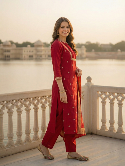Solid Ethnic Embroidered Straight Kurta with Pant & Dupatta - Maroon