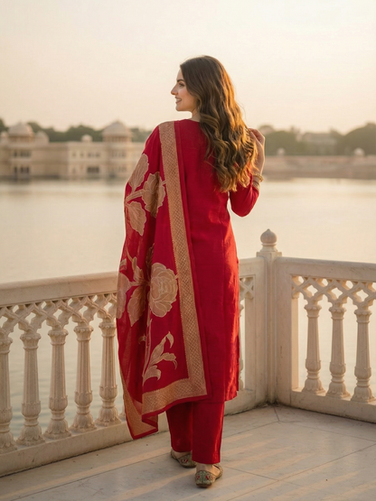 Solid Ethnic Embroidered Straight Kurta with Pant & Dupatta - Maroon